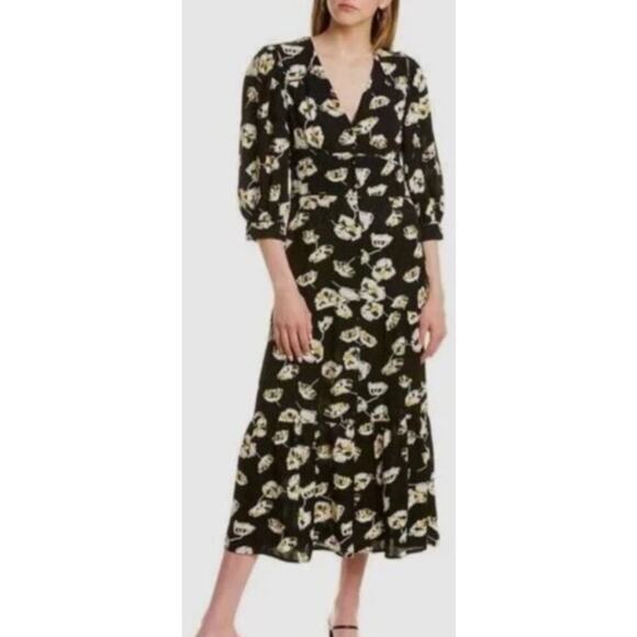ba&sh Dresses & Skirts - Ba&Sh Ullia Gathered Floral Print Satin Jacquard Midi Dress Buttons Size 2